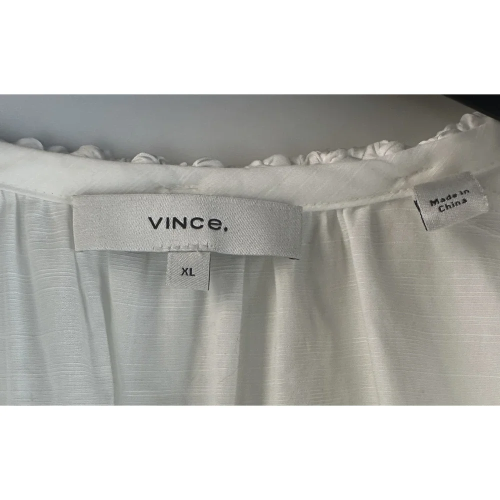 Vince Women's Braid Trim Band Collar Blouse White Button up Top Deep V-Neck XL - Picture 13 of 16